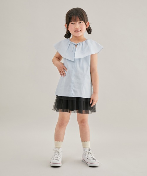 ROPE' PICNIC(ロペピクニック)の「【KIDS】リボンディティールラッフルカラーブラウス/リンクコーデ(シャツ/ブラウス・キッズ・サックスブルー/オフホワイト・110/120/130/140/150)」の4枚目の写真