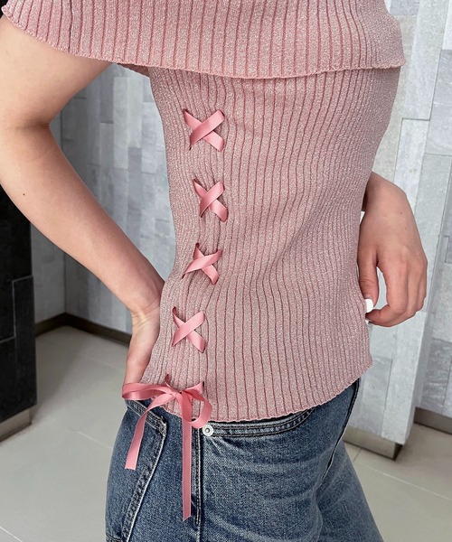 SPIRALGIRL(スパイラルガール)の「レースアップサテンリボンバレエコアオフショルラメニット(ニット/セーター・レディース・グレー/ブラック/ピンク・FREE)」の19枚目の写真