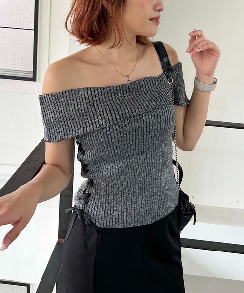 SPIRALGIRL(スパイラルガール)の「レースアップサテンリボンバレエコアオフショルラメニット(ニット/セーター・レディース・グレー/ブラック/ピンク・FREE)」の22枚目の写真