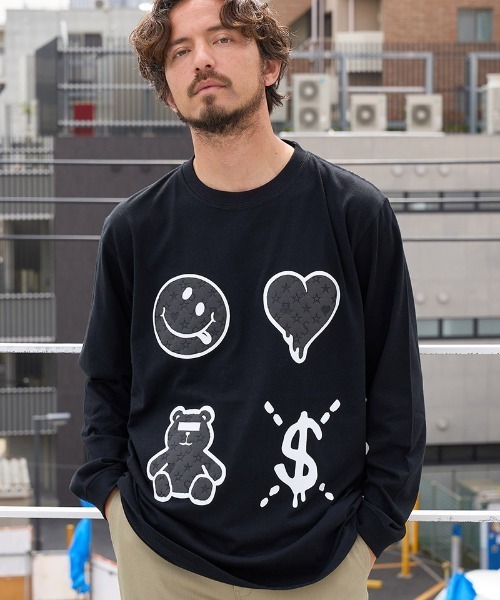 STUD MUFFIN(スタッドマフィン)の「mlt4733-5.6ozコットン天竺 4モチーフ発泡プリントLS Tシャツ(Tシャツ/カットソー・メンズ・ホワイト/チャコールグレー/ブラック・4/3/2)」の2枚目の写真