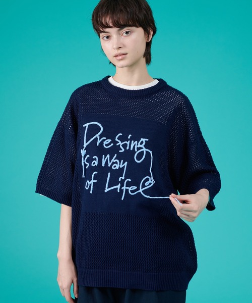 ONCILY(オンシェリー)の「HAND WRITTEN EMBROIDERY MESH KNIT / ハンドライティング刺繍メッシュニット(ニット/セーター・メンズ・ネイビー/ブラック・SMALL/MEDIUM/LARGE)」の11枚目の写真