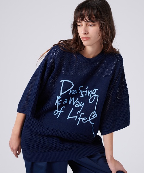 ONCILY(オンシェリー)の「HAND WRITTEN EMBROIDERY MESH KNIT / ハンドライティング刺繍メッシュニット(ニット/セーター・メンズ・ネイビー/ブラック・SMALL/MEDIUM/LARGE)」の4枚目の写真
