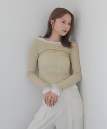 レイヤードパイピングトップス／layered piping top 長袖 クルーネック レイヤード 重ね着 シンプル 大人カジュアル 韓国 薄手 黄色 イエロー グレー ブラック 黒 モノトーン