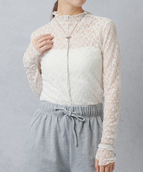 Lull（ルル）の「【Lull / ルル】花柄シアーレースカットソー（Tシャツ/カットソー・レディース・ブラック/ホワイト・ONESIZE）」の4枚目の写真