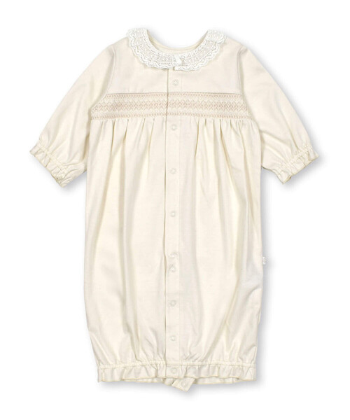 Tartine et Chocolat（タルティーヌエショコラ）の「レース襟付きスモッキング刺しゅう2Wayオールベビー(50~75cm)（ロンパース・キッズ・イエロー/オフホワイト/ピンク・FREE）」の2枚目の写真