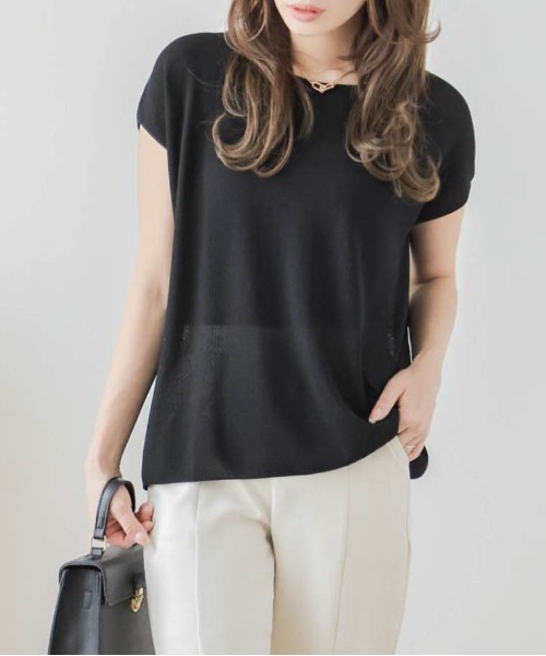 AMELY(エミリー)の「鹿の子編みサマーニットトップス(Tシャツ/カットソー・レディース・ブルー/ブラック/イエロー/グリーン/ホワイト・フリー)」の1枚目の写真
