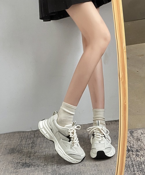 Lace Ladies（レースレディース）の「メッシュ ドッキング 配色 厚底 ダッド スニーカー（スニーカー・レディース・アイボリー/ブラック/シルバー・23.5/ 25/23/24/22.5/24.5）」の15枚目の写真