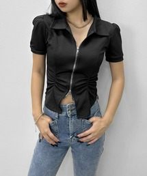 【LVEU.】ダブルジップシャーリングトップス / トップス カットソー ダブルジップ ファスナー 襟付き シャーリング クロップド ショート ブラック グレー