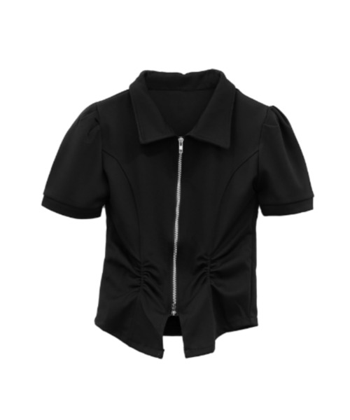 LVEU.(ラブユ.)の「【LVEU.】ダブルジップシャーリングトップス / トップス カットソー ダブルジップ ファスナー 襟付き シャーリング クロップド ショート ブラック グレー(Tシャツ/カットソー・レディース・グレー/ブラック・FREE)」の19枚目の写真