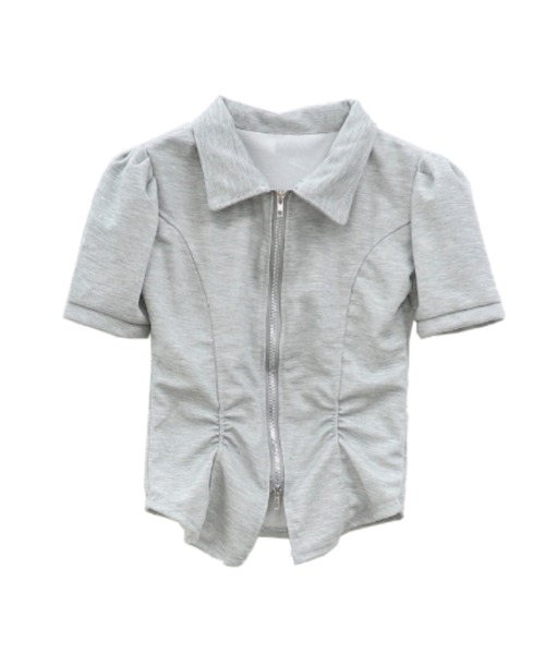 LVEU.(ラブユ.)の「【LVEU.】ダブルジップシャーリングトップス / トップス カットソー ダブルジップ ファスナー 襟付き シャーリング クロップド ショート ブラック グレー(Tシャツ/カットソー・レディース・グレー/ブラック・FREE)」の20枚目の写真
