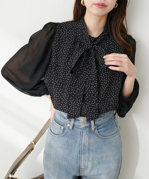 natural couture（ナチュラルクチュール）の「異素材使いお上品ボウタイブラウス（シャツ/ブラウス・レディース・その他1/ピンク/グレイッシュベージュ/アイボリー/ブラック・FREE）」の5枚目の写真