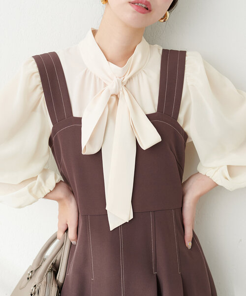 natural couture（ナチュラルクチュール）の「異素材使いお上品ボウタイブラウス（シャツ/ブラウス・レディース・その他1/ピンク/グレイッシュベージュ/アイボリー/ブラック・FREE）」の7枚目の写真