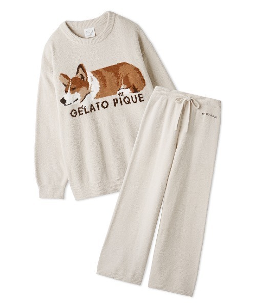 gelato pique（ジェラートピケ）の「【販路限定商品】エアモコ SLEEPING DOG ジャガードプルオーバー&ロングパンツセット（ルームウェア/パジャマ・レディース・グリーン/ベージュ/ネイビー・FREE）」の4枚目の写真