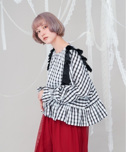 【セール】チェックドルマンスリーブフリルブラウス（シャツ/ブラウス）｜unica（ユニカ）