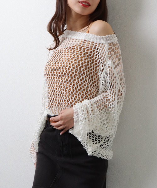 セール】ラウンドネック スケルトン メッシュ 長袖 トップス（その他