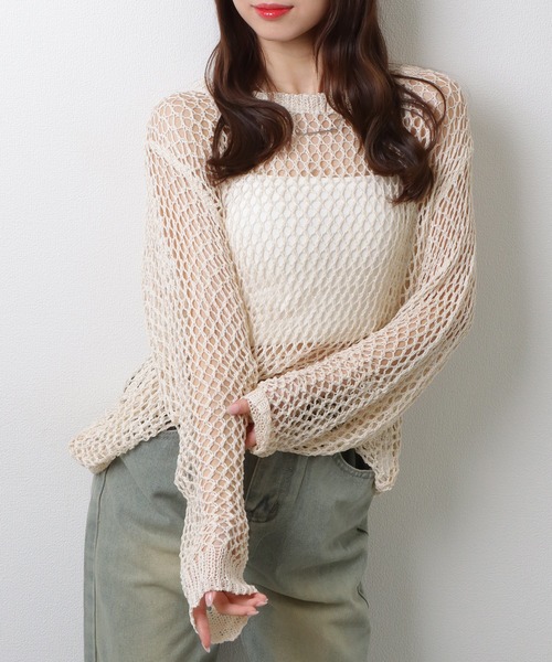 セール】ラウンドネック スケルトン メッシュ 長袖 トップス（その他