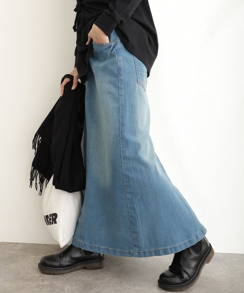 ElegChic(エレグシック)の「ウエストリブセミ タイト デニム スカート (デニムスカート・レディース・ネイビー/ブルー/ネイビー系・M/L/XL/XXL/4L)」の5枚目の写真