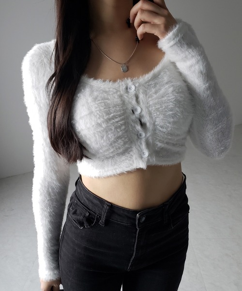me+em select(ミームセレクト)の「【 2color 】フロントボタンシャギーカットショートカーディガン / front button shaggy cut short cardigan(その他トップス・レディース・ホワイト/ブラック・FREE)」の9枚目の写真