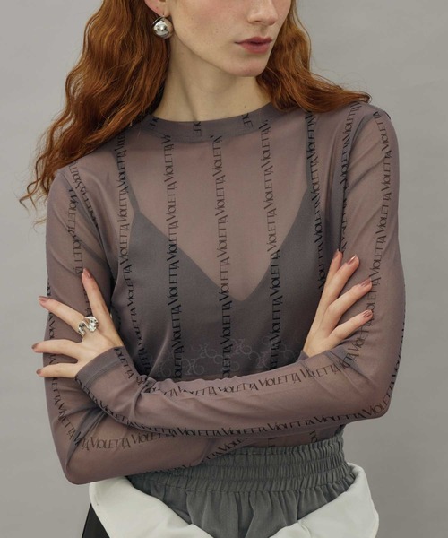 tシャツ ロゴストライプ柄チュールシアートップス レディース ロゴストライプ柄チュールシアートップス（Tシャツ/カットソー