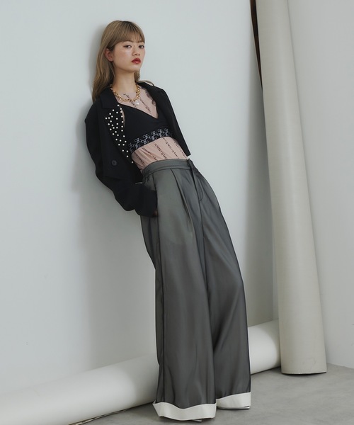 VIOLETTA（ヴィオレッタ）の「ロゴストライプ柄チュールシアートップス（Tシャツ/カットソー・レディース・チャコールグレー/ブラック/ベージュ・FREE）」の20枚目の写真