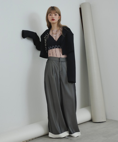 VIOLETTA（ヴィオレッタ）の「ロゴストライプ柄チュールシアートップス（Tシャツ/カットソー・レディース・チャコールグレー/ブラック/ベージュ・FREE）」の21枚目の写真