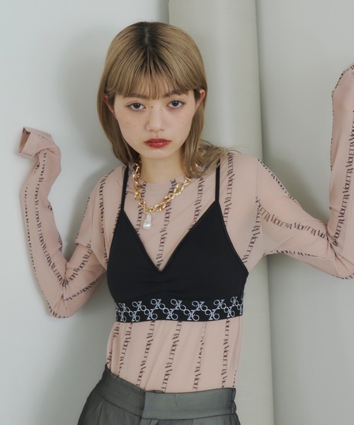 VIOLETTA（ヴィオレッタ）の「ロゴストライプ柄チュールシアートップス（Tシャツ/カットソー・レディース・チャコールグレー/ブラック/ベージュ・FREE）」の16枚目の写真