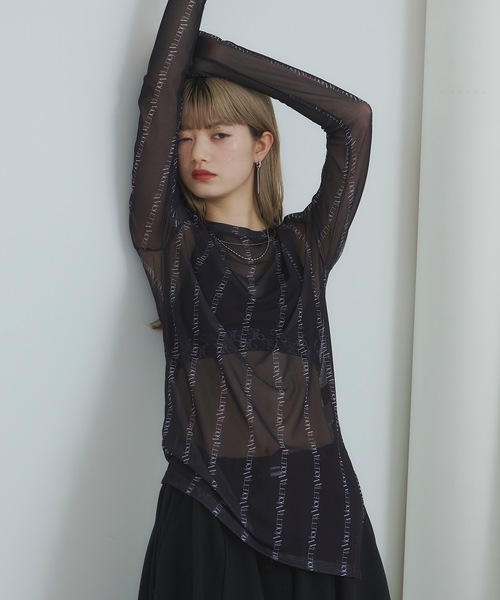 ロゴストライプ柄チュールシアートップス（Tシャツ/カットソー