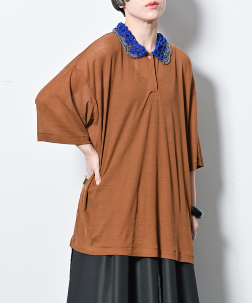 PONTI(ポンティ)の「PONTI Crochet Collar Shirt PO1Q018:シャツ(ニット/セーター・レディース・ブラウン・FREE)」の1枚目の写真