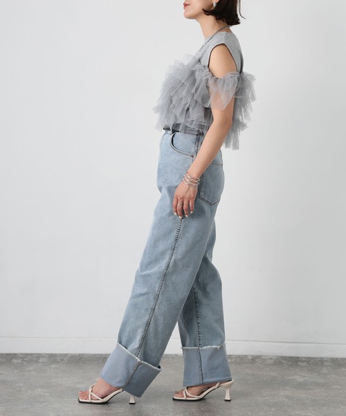 Floran（フローラン）の「ロールアップワイドデニムストレートパンツ（デニムパンツ・レディース・グレー/ワンウォッシュ/ライトブルー・FREE）」の5枚目の写真