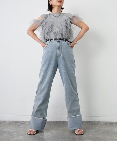 Floran（フローラン）の「ロールアップワイドデニムストレートパンツ（デニムパンツ・レディース・グレー/ワンウォッシュ/ライトブルー・FREE）」の4枚目の写真