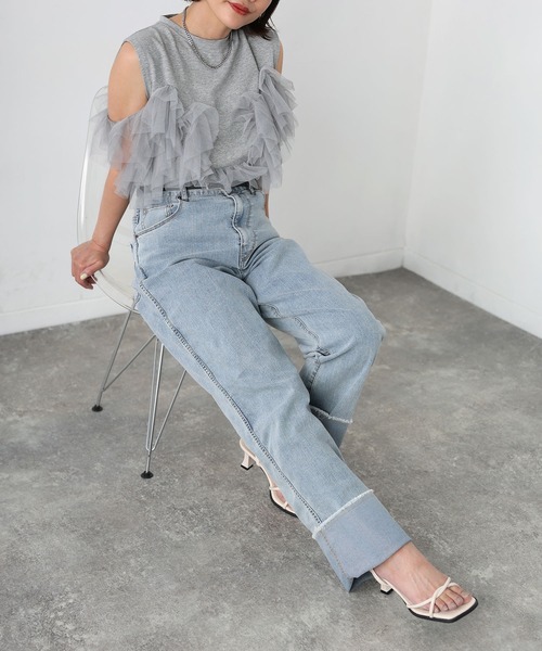 Floran（フローラン）の「ロールアップワイドデニムストレートパンツ（デニムパンツ・レディース・グレー/ワンウォッシュ/ライトブルー・FREE）」の11枚目の写真