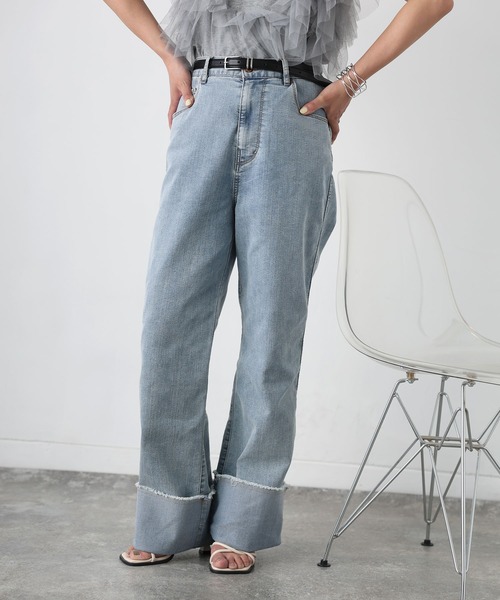 Floran（フローラン）の「ロールアップワイドデニムストレートパンツ（デニムパンツ・レディース・グレー/ワンウォッシュ/ライトブルー・FREE）」の10枚目の写真