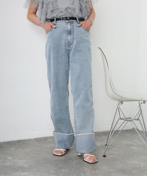 Floran（フローラン）の「ロールアップワイドデニムストレートパンツ（デニムパンツ・レディース・グレー/ワンウォッシュ/ライトブルー・FREE）」の18枚目の写真