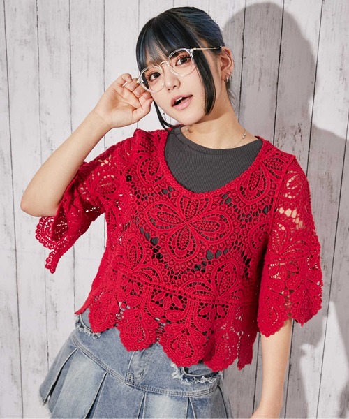 GORGE(ゴージ)の「《カギバリ×クロシェ》レディース プルオーバー レーストップス 半袖 春夏秋(Tシャツ/カットソー・レディース・アイボリー/ブラック/ベージュ/ボルドー/レッド・F)」の4枚目の写真
