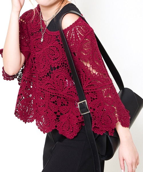 GORGE（ゴージ）の「《カギバリ×クロシェ》レディース プルオーバー レーストップス 半袖 春夏秋（Tシャツ/カットソー・レディース・アイボリー/ブラック/ベージュ/ボルドー・F）」の4枚目の写真