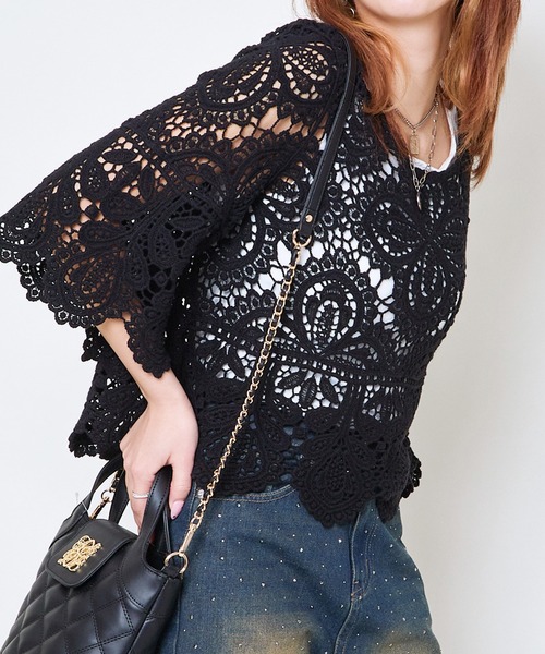 GORGE（ゴージ）の「《カギバリ×クロシェ》レディース プルオーバー レーストップス 半袖 春夏秋（Tシャツ/カットソー・レディース・アイボリー/ブラック/ベージュ/ボルドー・F）」の3枚目の写真