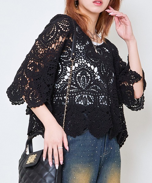 GORGE（ゴージ）の「《カギバリ×クロシェ》レディース プルオーバー レーストップス 半袖 春夏秋（Tシャツ/カットソー・レディース・アイボリー/ブラック/ベージュ/ボルドー・F）」の6枚目の写真