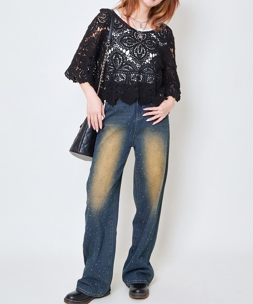 GORGE（ゴージ）の「《カギバリ×クロシェ》レディース プルオーバー レーストップス 半袖 春夏秋（Tシャツ/カットソー・レディース・アイボリー/ブラック/ベージュ/ボルドー・F）」の7枚目の写真