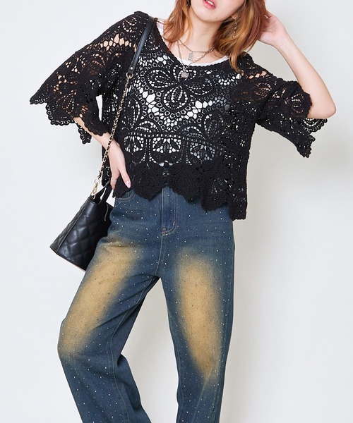 GORGE（ゴージ）の「《カギバリ×クロシェ》レディース プルオーバー レーストップス 半袖 春夏秋（Tシャツ/カットソー・レディース・アイボリー/ブラック/ベージュ/ボルドー・F）」の8枚目の写真