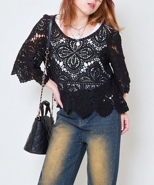 GORGE（ゴージ）の「《カギバリ×クロシェ》レディース プルオーバー レーストップス 半袖 春夏秋（Tシャツ/カットソー・レディース・アイボリー/ブラック/ベージュ/ボルドー・F）」の9枚目の写真