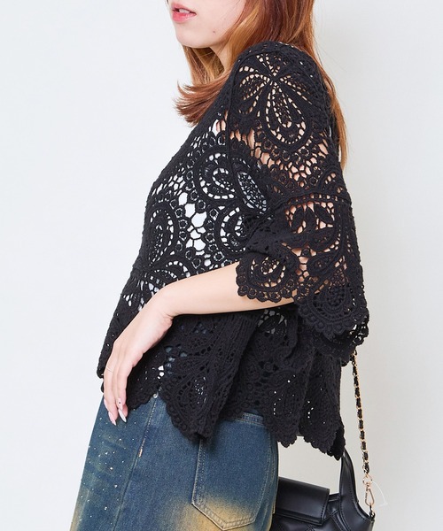 GORGE（ゴージ）の「《カギバリ×クロシェ》レディース プルオーバー レーストップス 半袖 春夏秋（Tシャツ/カットソー・レディース・アイボリー/ブラック/ベージュ/ボルドー・F）」の10枚目の写真