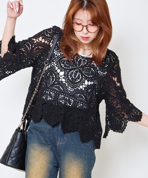 GORGE（ゴージ）の「《カギバリ×クロシェ》レディース プルオーバー レーストップス 半袖 春夏秋（Tシャツ/カットソー・レディース・アイボリー/ブラック/ベージュ/ボルドー・F）」の11枚目の写真