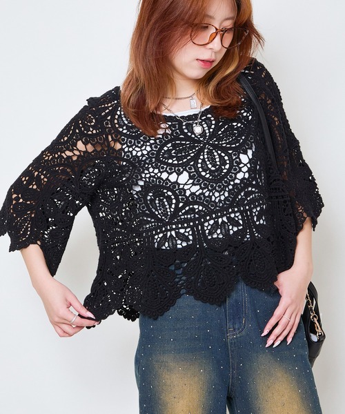 GORGE（ゴージ）の「《カギバリ×クロシェ》レディース プルオーバー レーストップス 半袖 春夏秋（Tシャツ/カットソー・レディース・アイボリー/ブラック/ベージュ/ボルドー・F）」の12枚目の写真