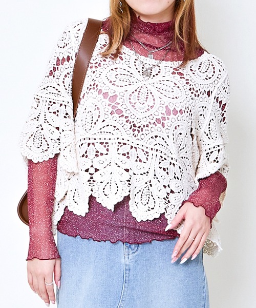 GORGE（ゴージ）の「《カギバリ×クロシェ》レディース プルオーバー レーストップス 半袖 春夏秋（Tシャツ/カットソー・レディース・アイボリー/ブラック/ベージュ/ボルドー・F）」の13枚目の写真