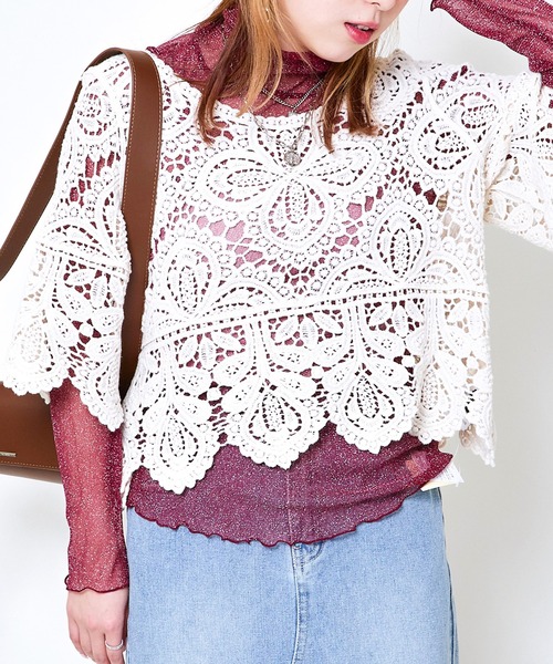 GORGE（ゴージ）の「《カギバリ×クロシェ》レディース プルオーバー レーストップス 半袖 春夏秋（Tシャツ/カットソー・レディース・アイボリー/ブラック/ベージュ/ボルドー・F）」の15枚目の写真