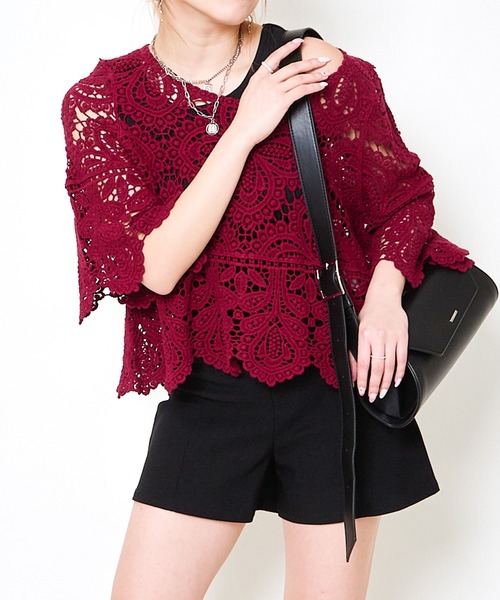 GORGE（ゴージ）の「《カギバリ×クロシェ》レディース プルオーバー レーストップス 半袖 春夏秋（Tシャツ/カットソー・レディース・アイボリー/ブラック/ベージュ/ボルドー・F）」の16枚目の写真