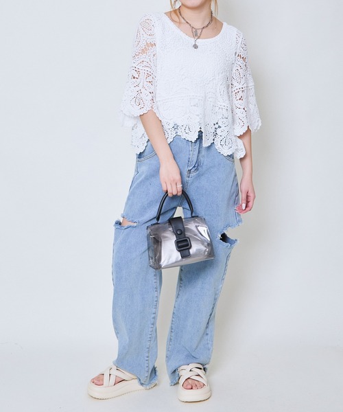 GORGE（ゴージ）の「《カギバリ×クロシェ》レディース プルオーバー レーストップス 半袖 春夏秋（Tシャツ/カットソー・レディース・アイボリー/ブラック/ベージュ/ボルドー・F）」の19枚目の写真