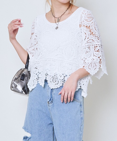 GORGE（ゴージ）の「《カギバリ×クロシェ》レディース プルオーバー レーストップス 半袖 春夏秋（Tシャツ/カットソー・レディース・アイボリー/ブラック/ベージュ/ボルドー・F）」の20枚目の写真