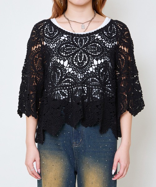 GORGE（ゴージ）の「《カギバリ×クロシェ》レディース プルオーバー レーストップス 半袖 春夏秋（Tシャツ/カットソー・レディース・アイボリー/ブラック/ベージュ/ボルドー・F）」の22枚目の写真