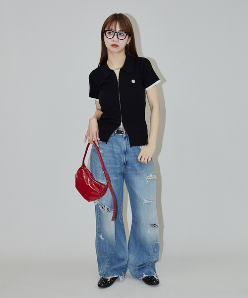 ニット セーター MARY QUANT × PUBLUX/マリークワント 袖配色 襟付き ジップ サマーニットポロ　限定展開 レディース セール】MARY QUANT × PUBLUX/マリークワント 袖配色 襟付き
